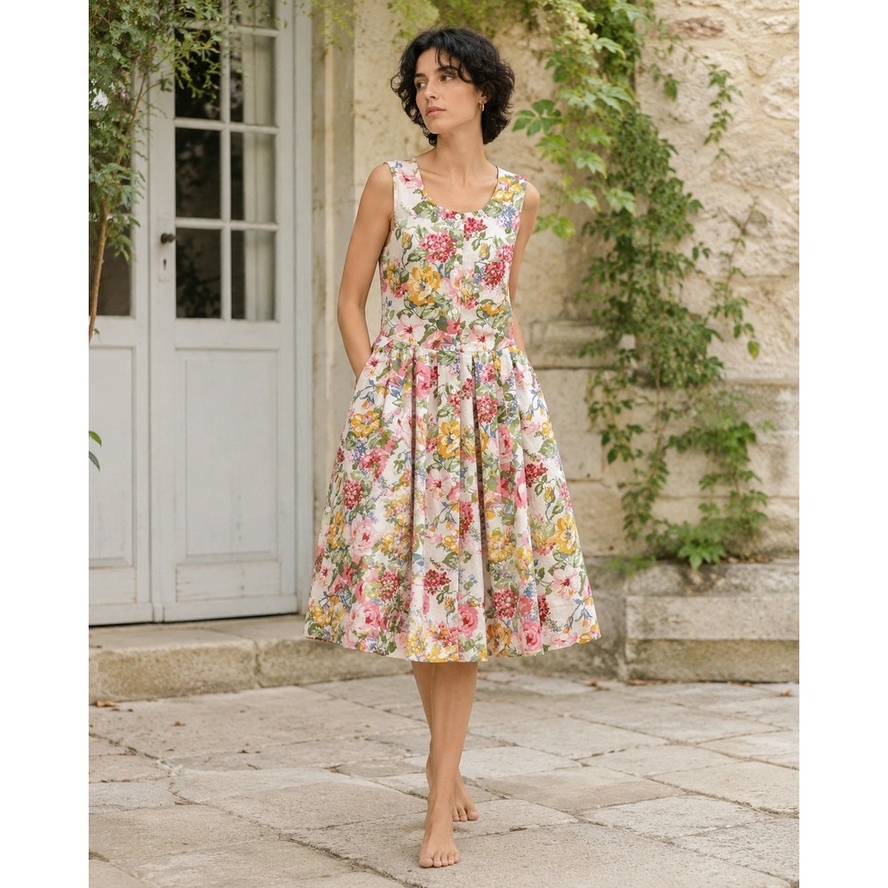 Vintage Cacharel Size XS/S 90s Floral Cotton Cottagecore Midi Dress French Skirt